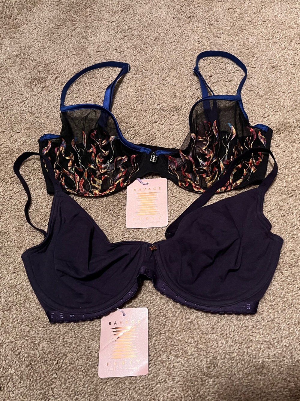 Bundle!! Savage X Fenty Navy Embroidered Sheer Bra & Solid Navy Underwire Bra